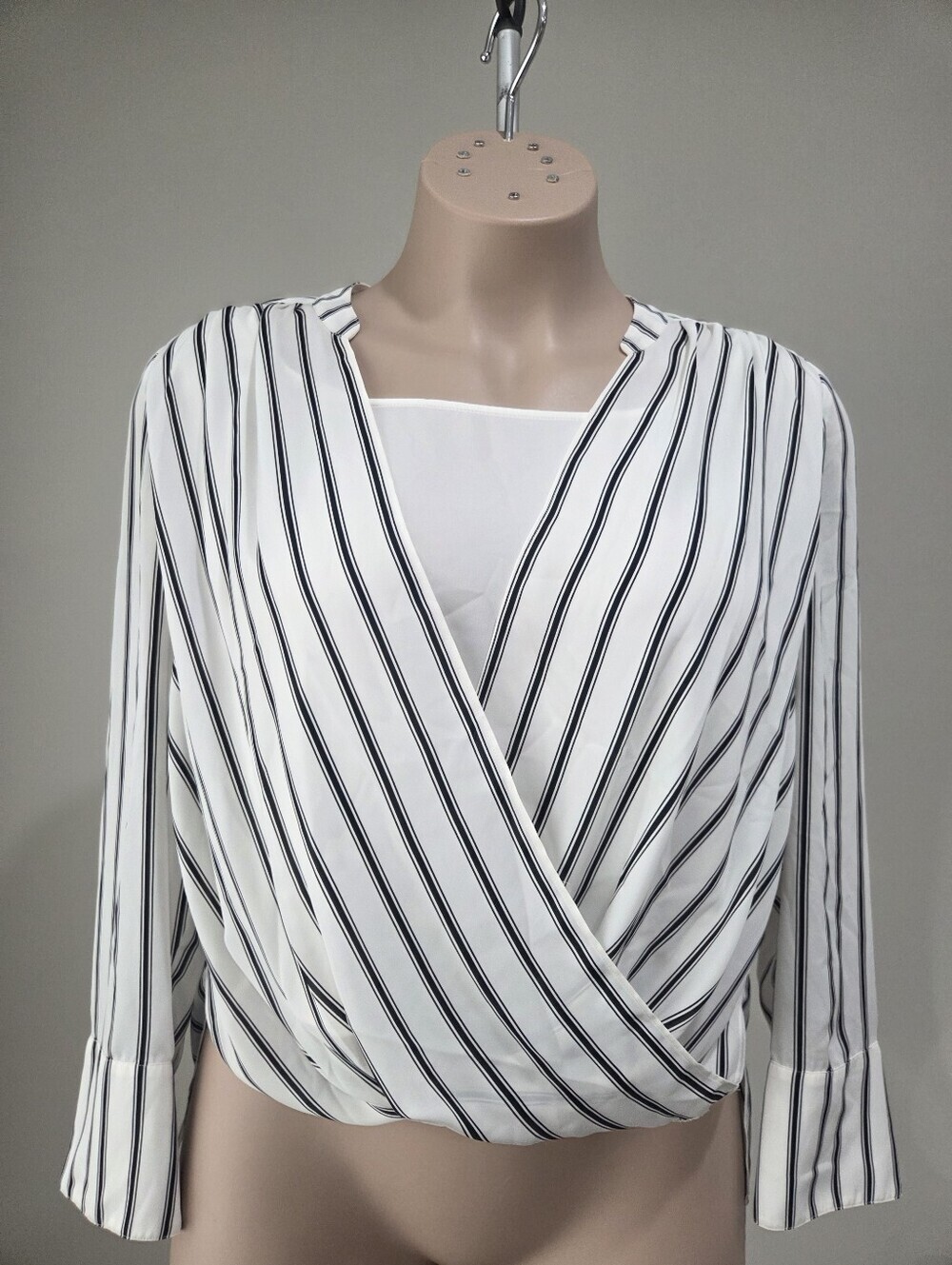 Chico's Black Label White Blouse with Black Stripes - Surplice Wrap Sz.2/L